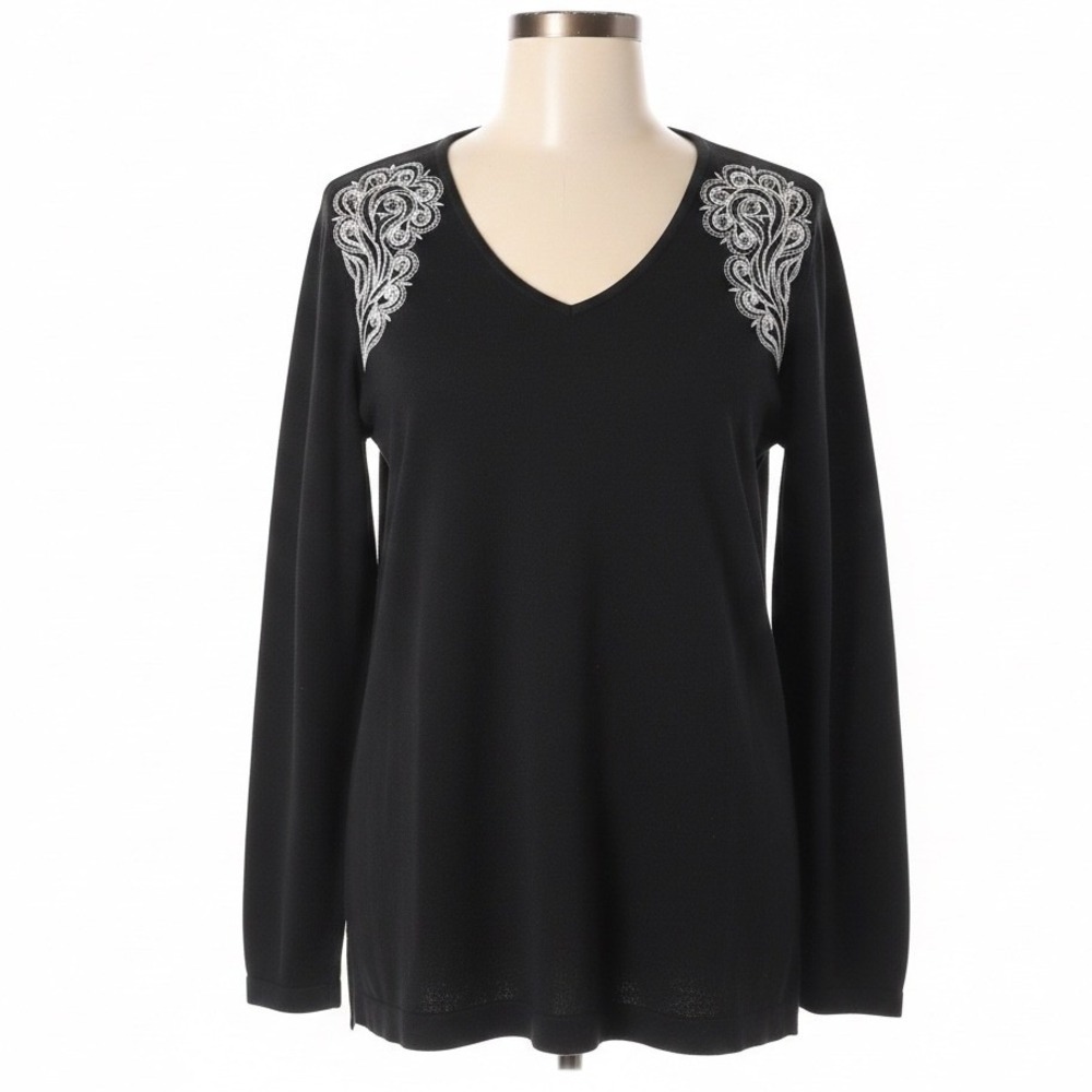 Bob Mackie Wearable Art Sweater Womens Medium Black Cotton V-Neck Embellished‎